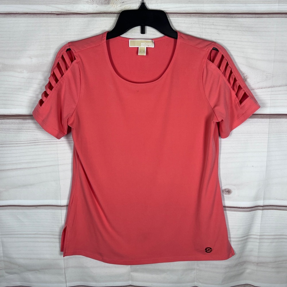 Michael Kors T-Shirt Women Small Orange Cage Sleeve Top Solid Casual Top Stretch